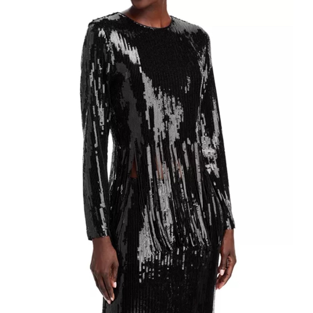 AQUA Sequin Fringe ‎ Party Top Black Sparkly Blouse Size M ‼️REVIEW PHOTOS‼️